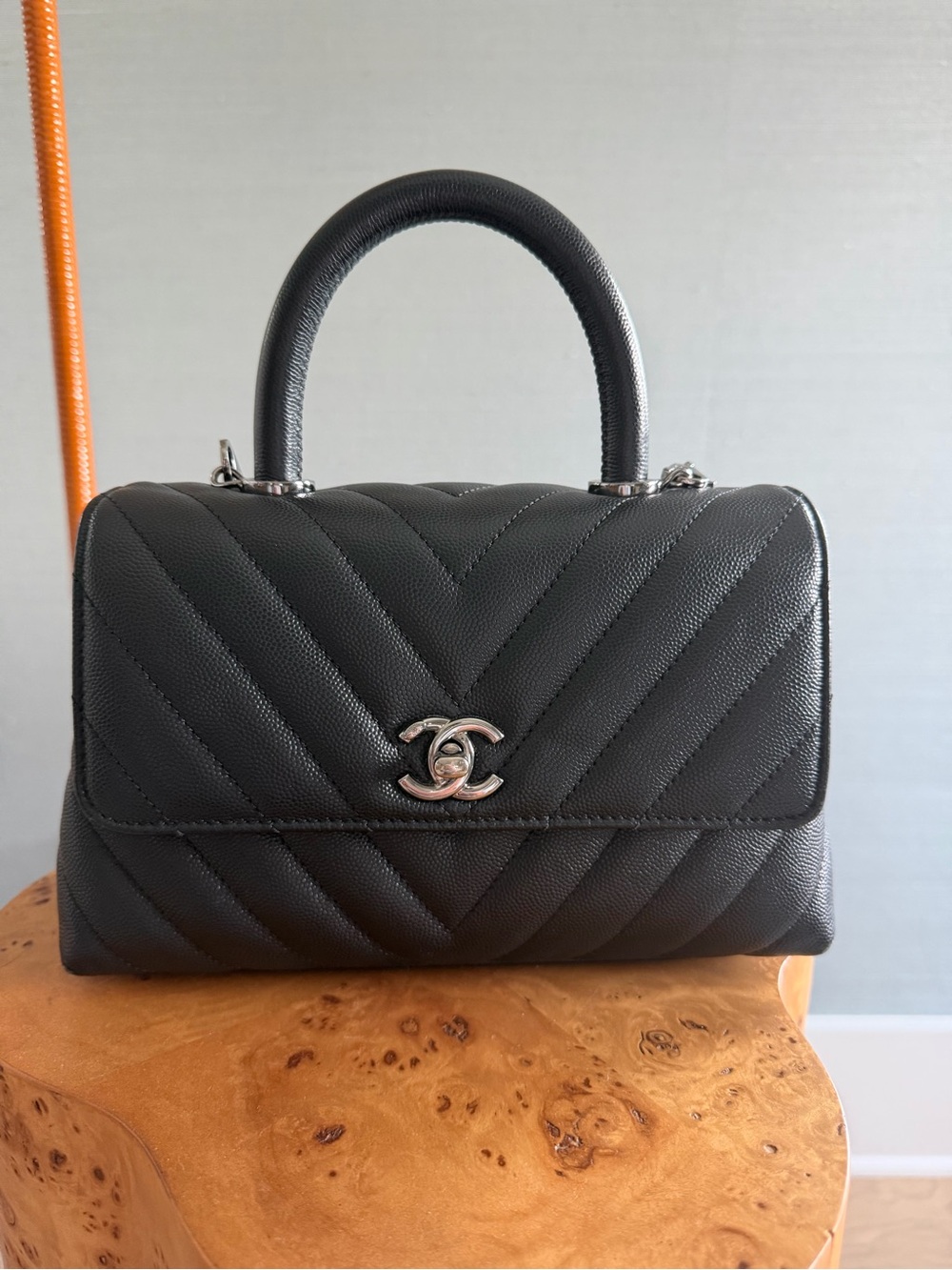 Chanel Coco Handle Small – Black Chevron Caviar with Silver Hardware